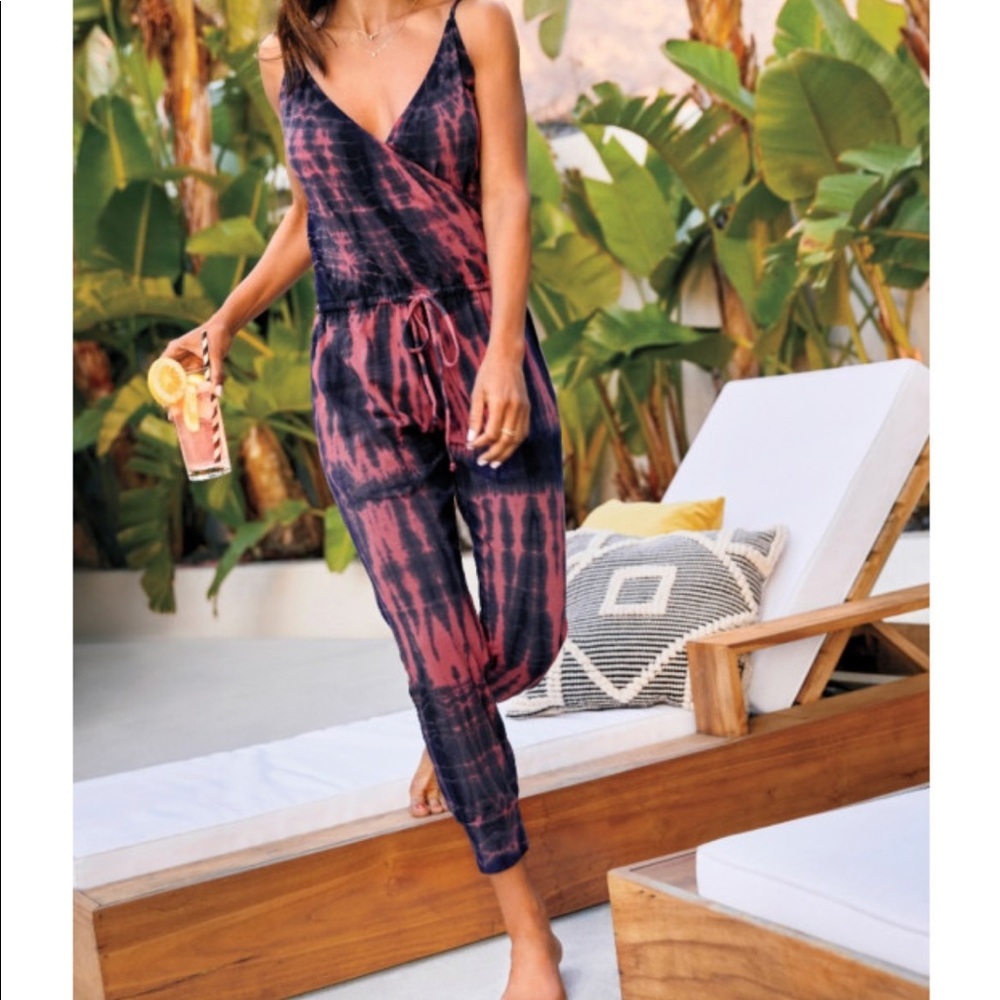 Sundry Wrap Front Spaghetti Strap Jumpsuit in Navy & Sailor Red